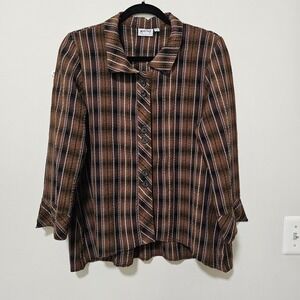 Habitat XS Plaid Long Sleeve Button Down Shirt Brown Button Up Lagenlook Hippie‎